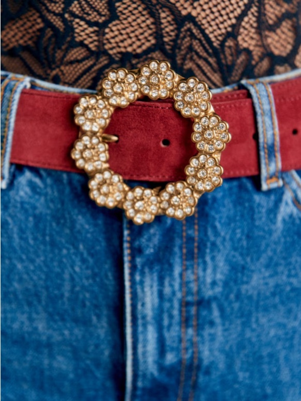 SÉZANE FÉLICIE BELT Gold Floral Crystal Buckle Red Suede Belt